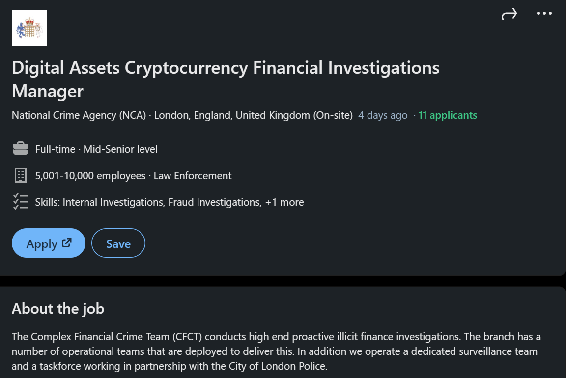 UK crime agency scouts for seasoned crypto investigators