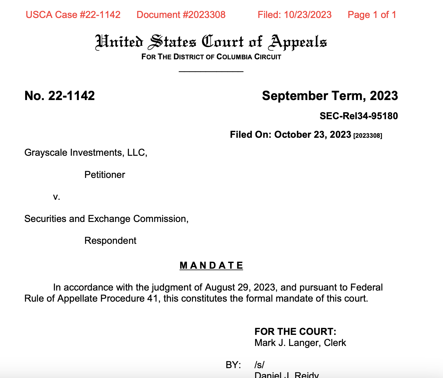 US court issues mandate for Grayscale ruling, paving way for SEC to review spot Bitcoin ETF