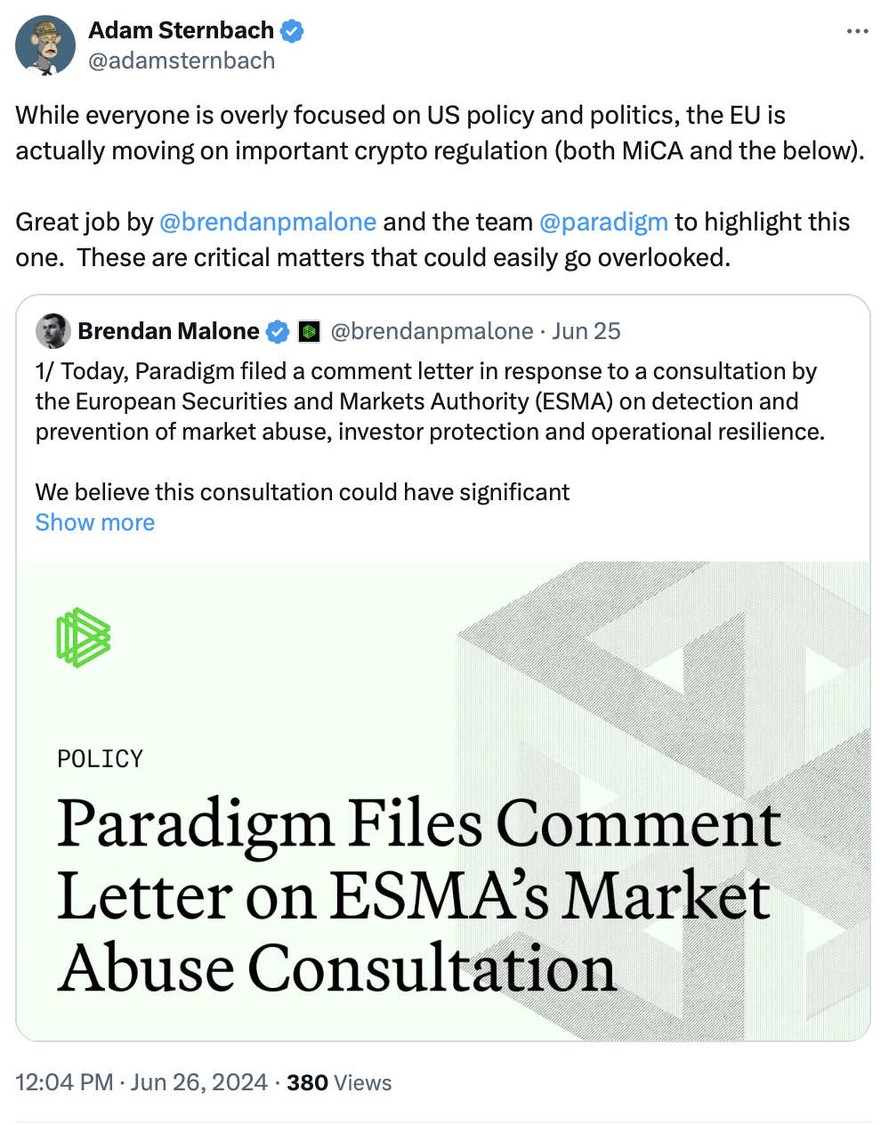 Paradigm calls on European markets regulator to show nuance regarding MEV