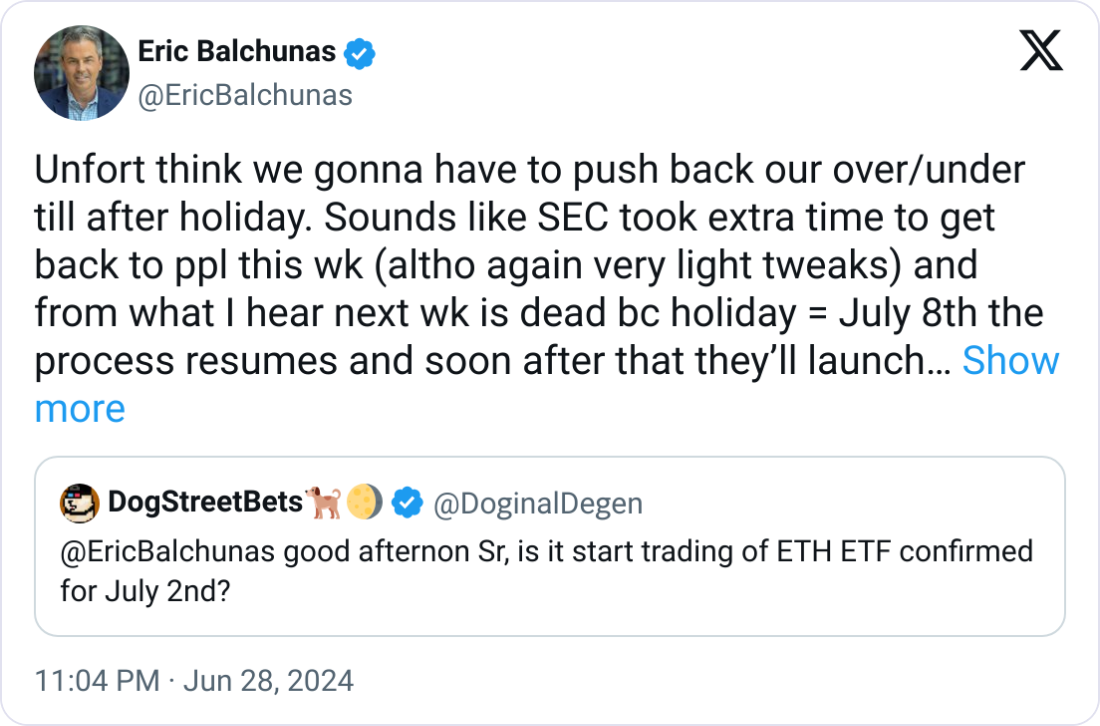 Spot Ethereum ETF launch delayed by SEC comments