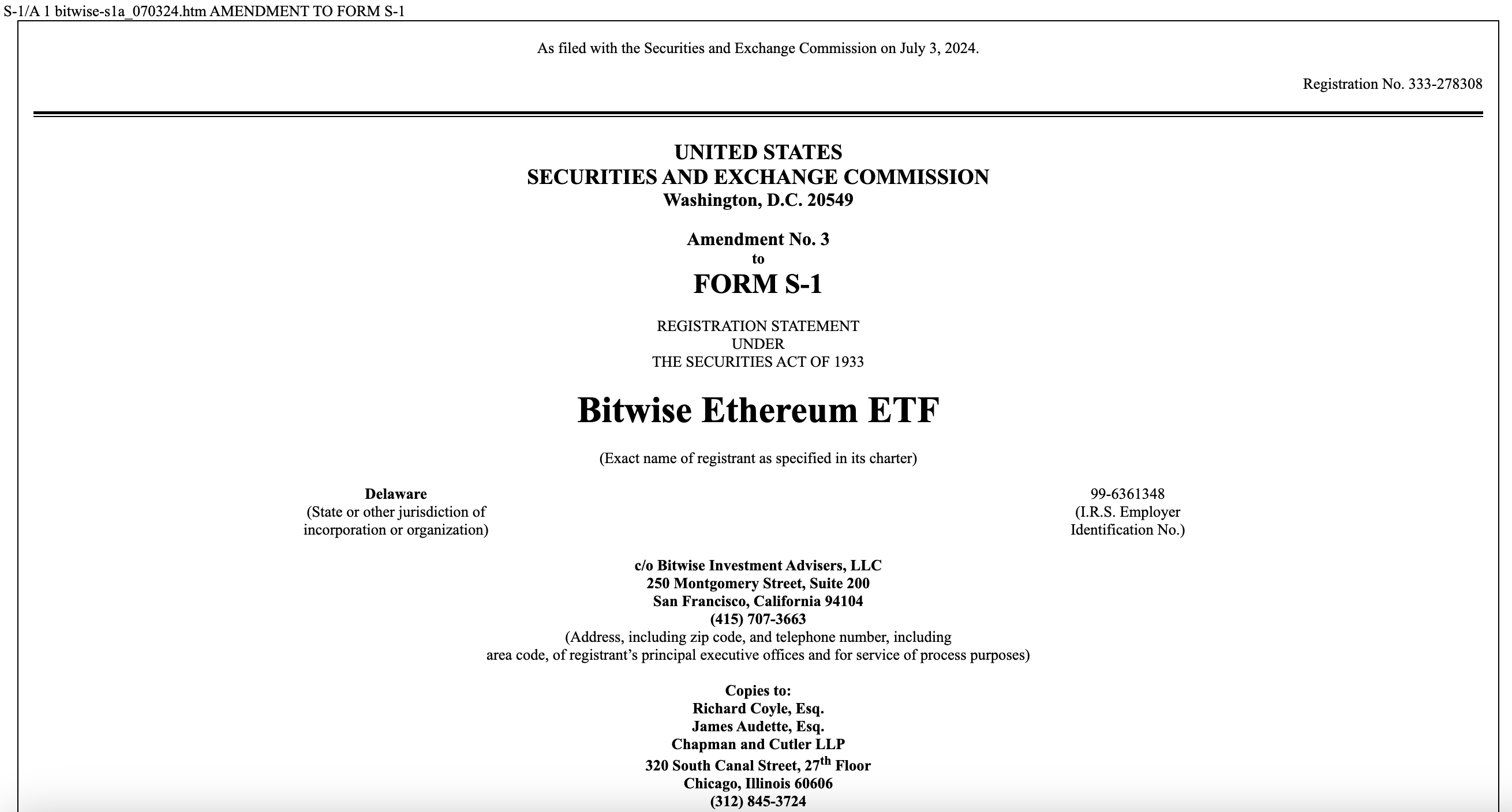 Bitwise files amended Ethereum ETF S-1 — experts predict July launch