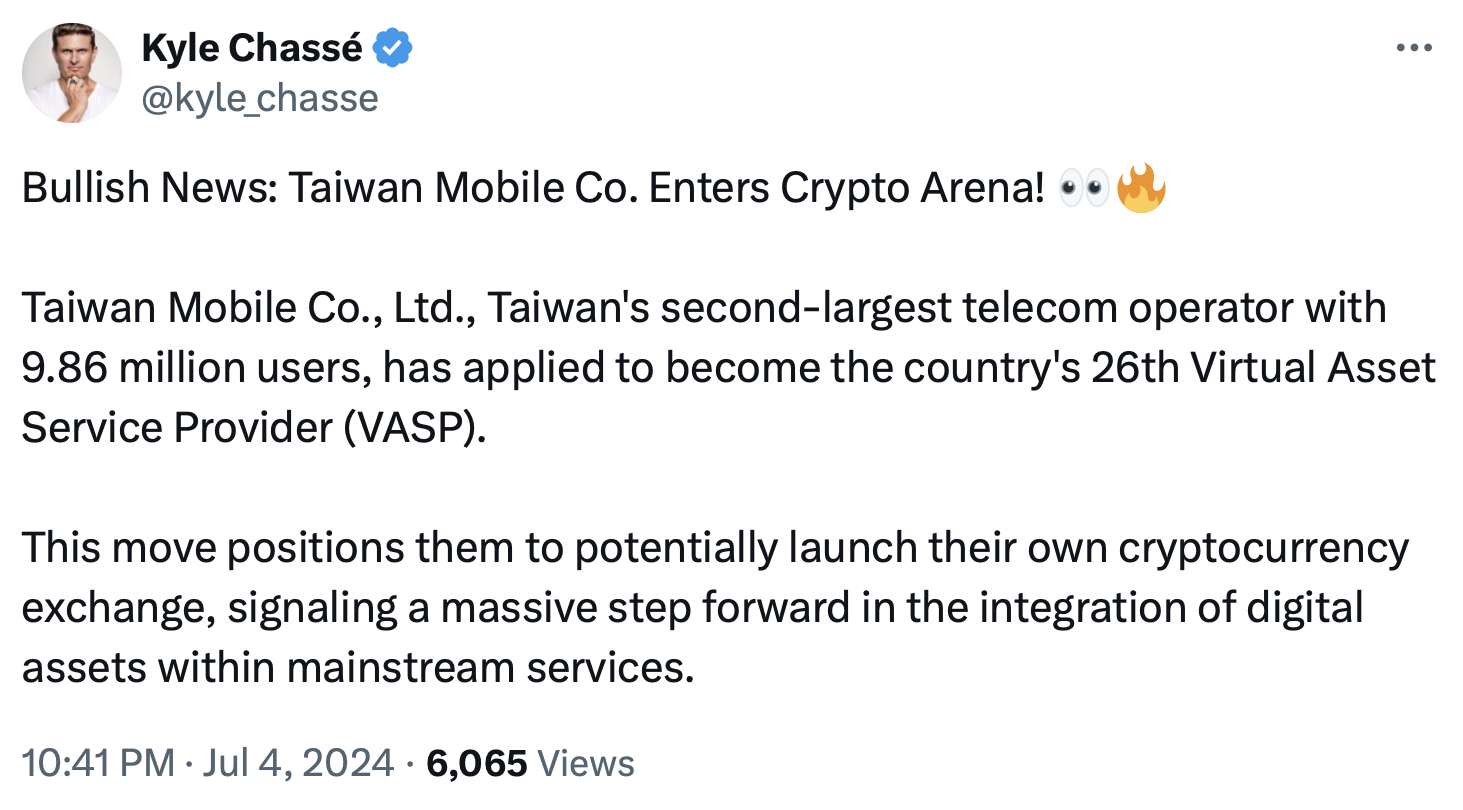 Taiwan Mobile receives VASP license, entry to crypto market