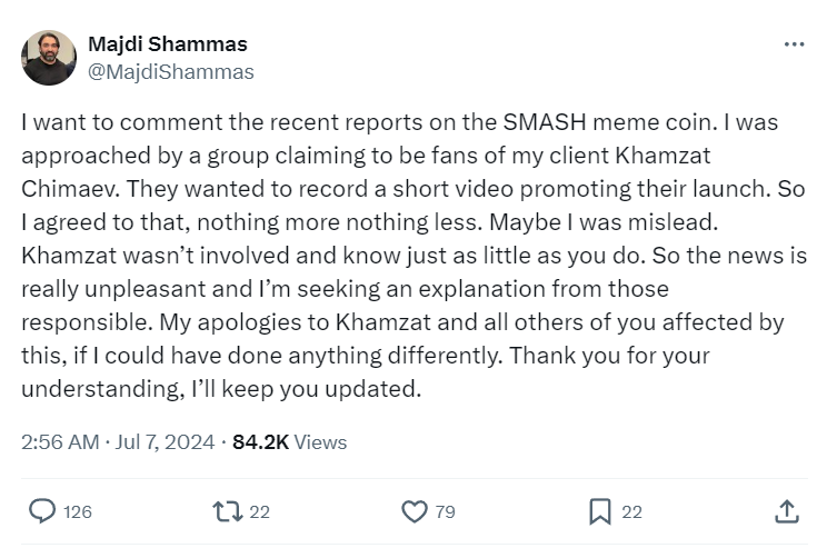 Khamzat Chimaev ‘wasn’t involved’ with SMASH memecoin — Manager