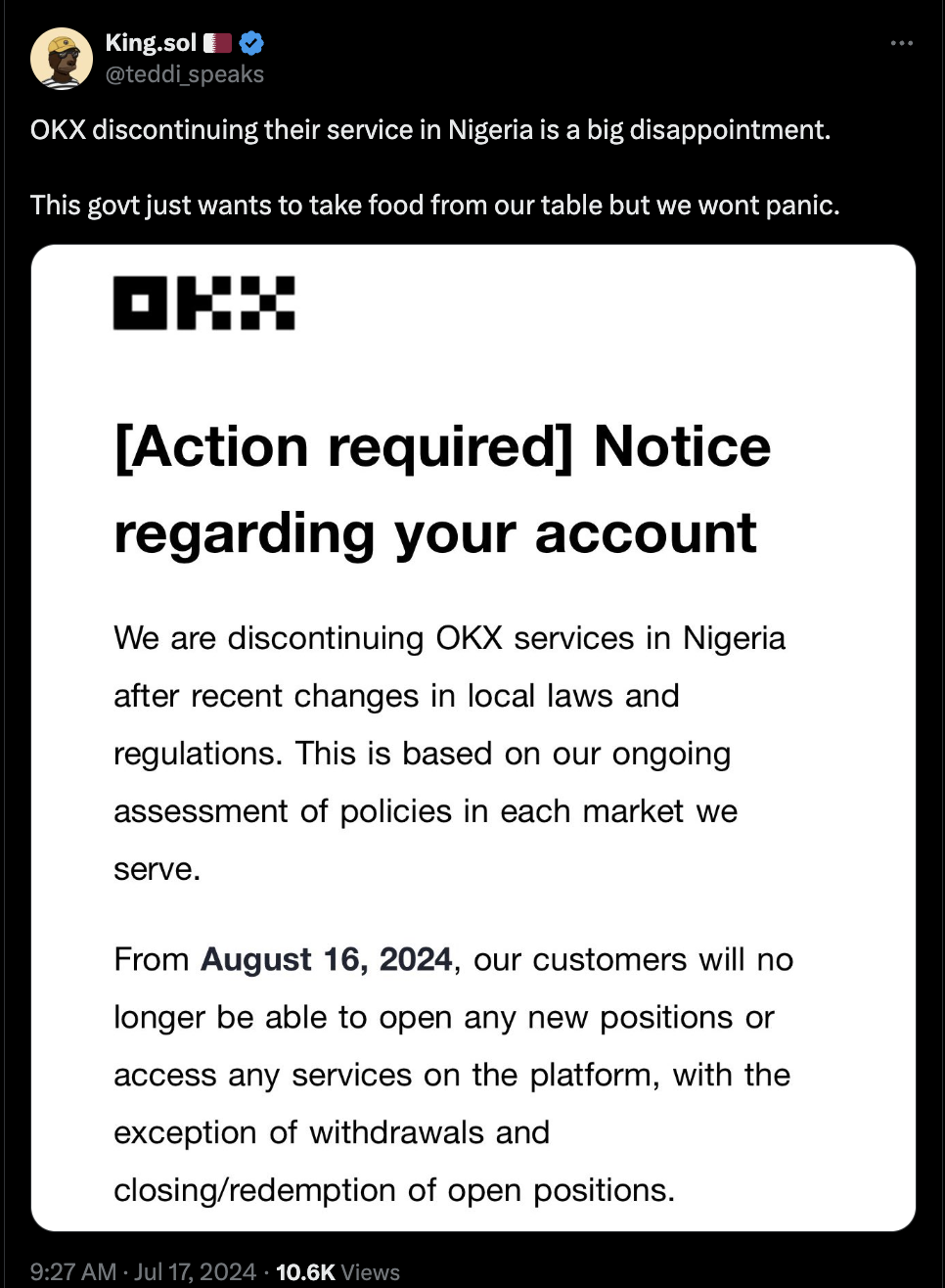 OKX exchange exiting Nigeria due to regulatory concerns