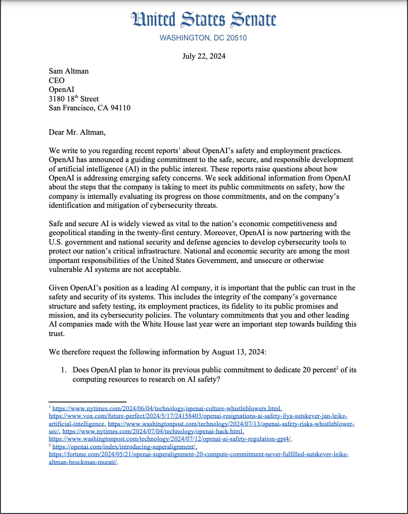 US lawmakers send a letter to OpenAI requesting government access