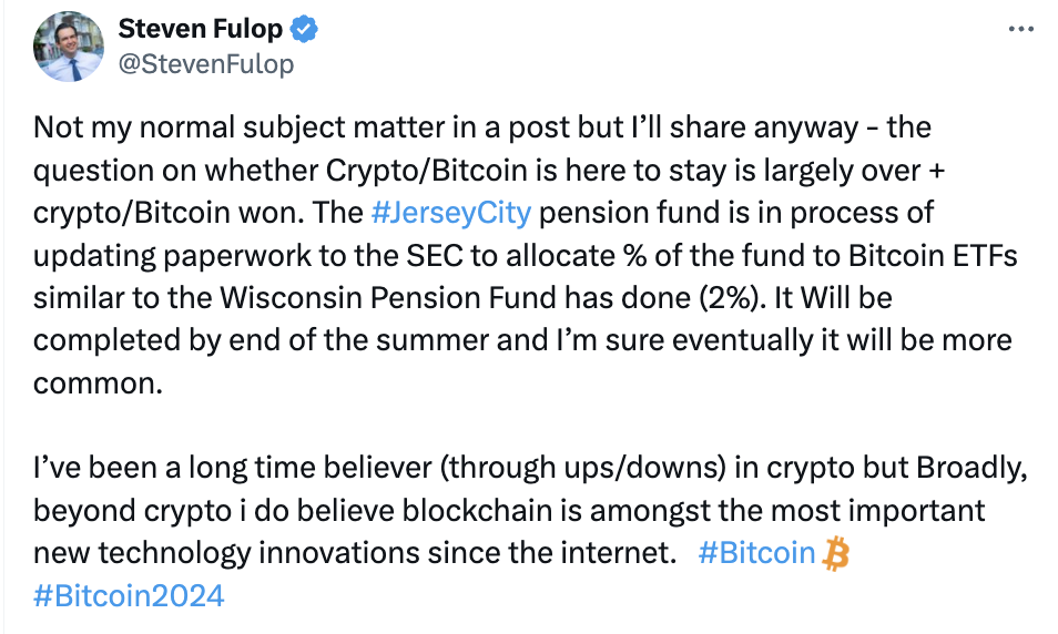 New Jersey mayor plans to invest in Bitcoin ETFs for city’s pension fund