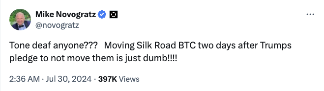 ‘Tone deaf’ — US moves $2B Silk Road BTC after Trump’s stockpile pledge