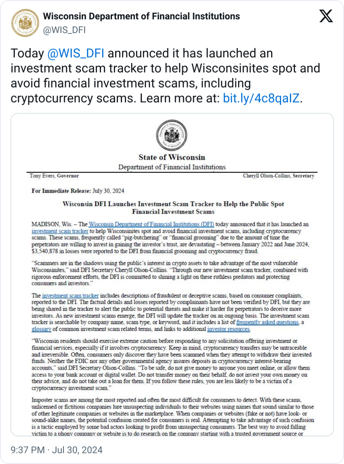 Wisconsin unveils tracker to fight crypto fraud and investment scams