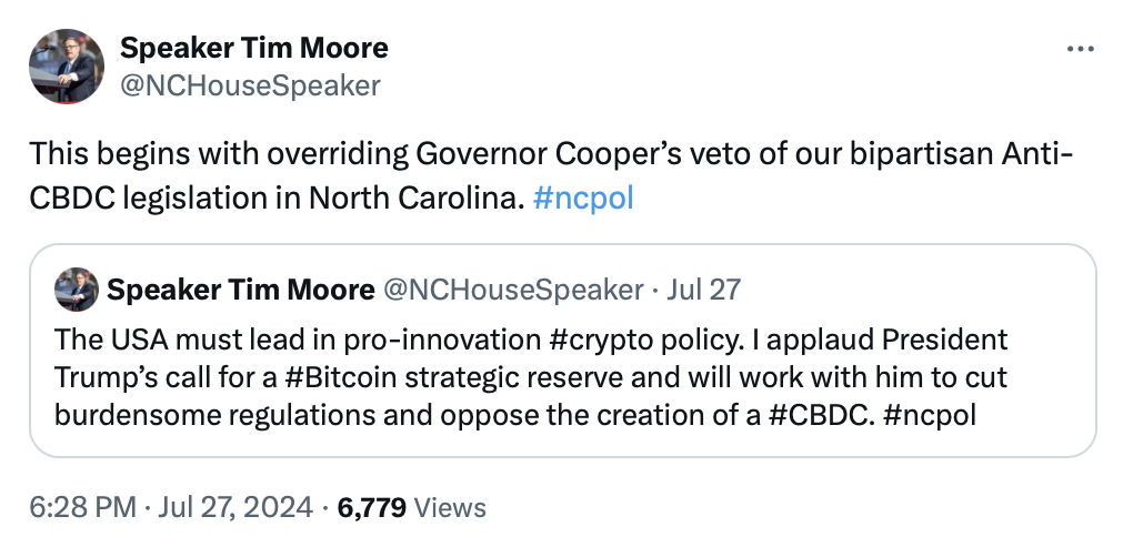 North Carolina lower chamber overturns governor’s veto of CBDC ban