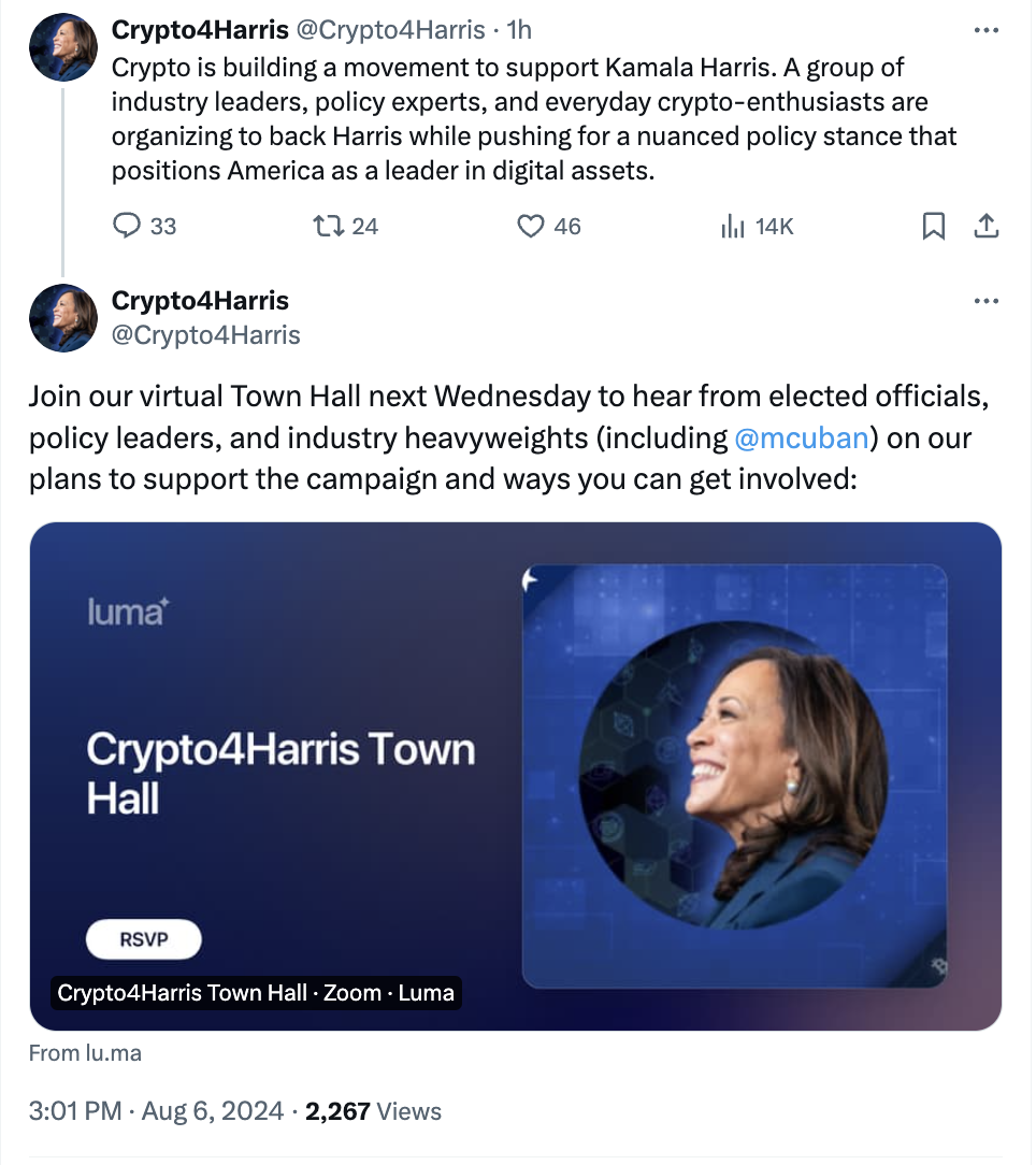 ‘Crypto Advocates for Harris’ movement claims support from Mark Cuban