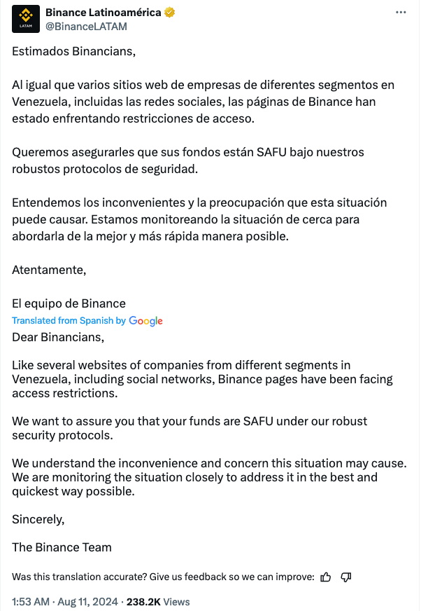 Venezuela blocks Binance, X amid presidential election dispute