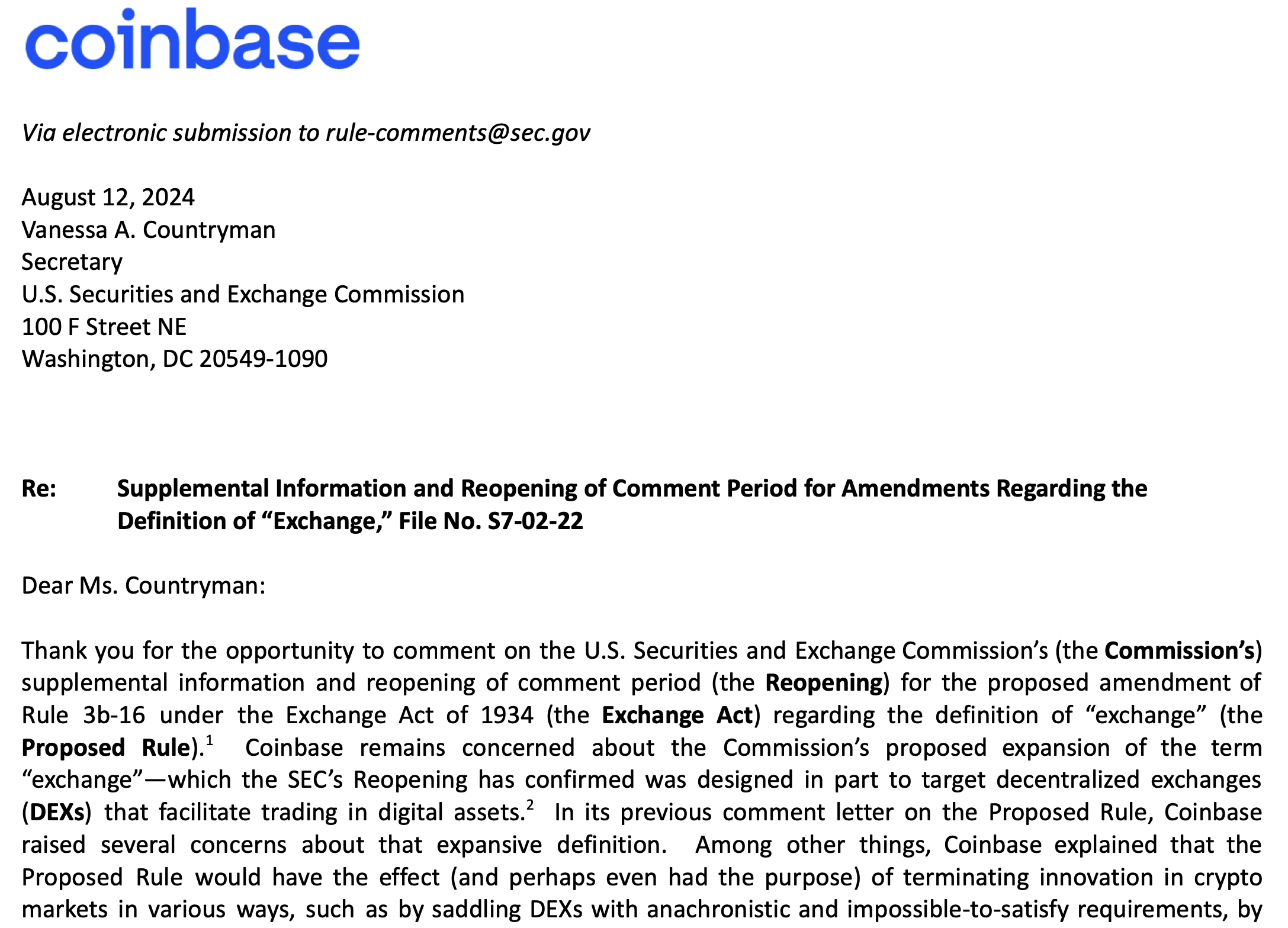 Coinbase finds flawed analysis in SEC's proposed exchange definition