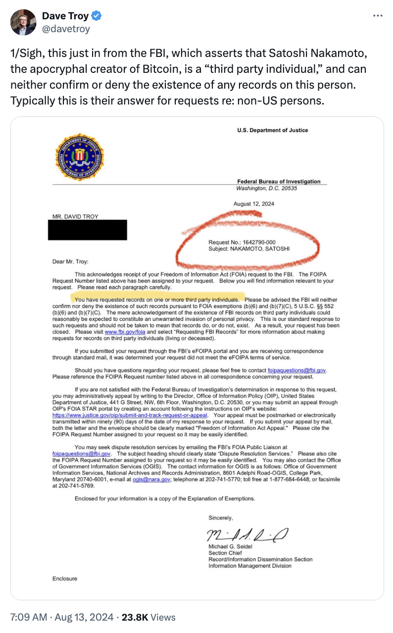 FBI will ‘neither confirm nor deny’ the existence of Satoshi records