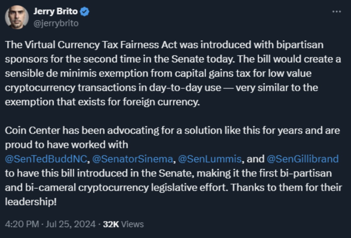 Senate proposal for crypto tax exemption is long overdue