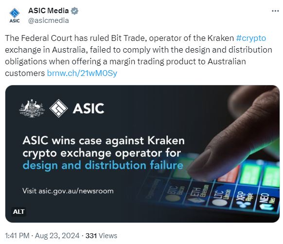 Australian regulator claims win over Kraken’s Bit Trade in federal court 