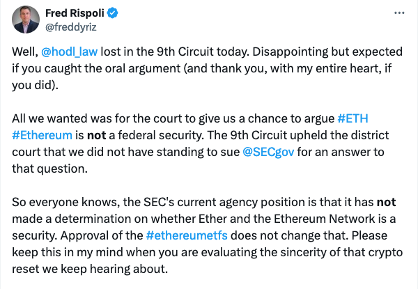 Crypto law firm loses appeal to force SEC’s hand on Ether classification