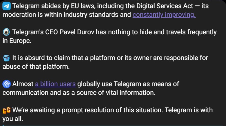 Telegram issues official statement on Pavel Durov detention