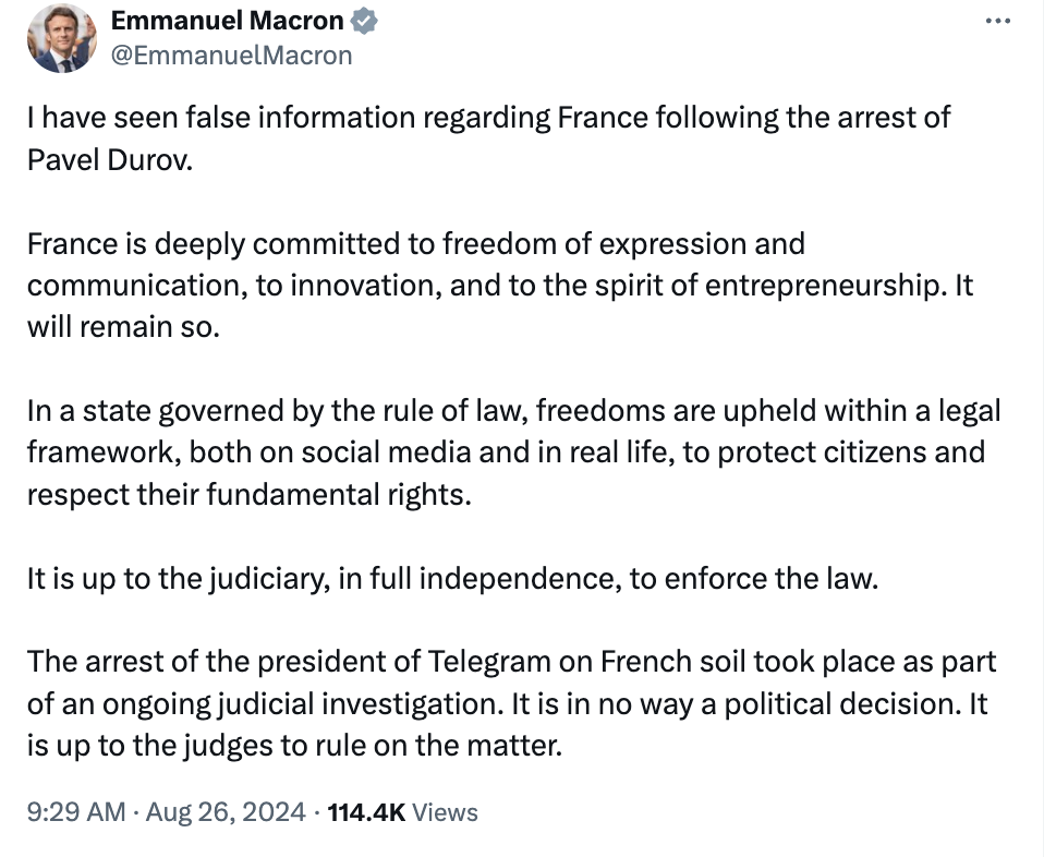 France’s Macron denies Pavel Durov arrest was political