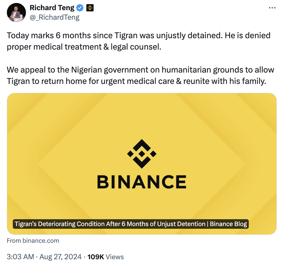 Calls to release Binance exec intensify after 6 months in Nigerian detention