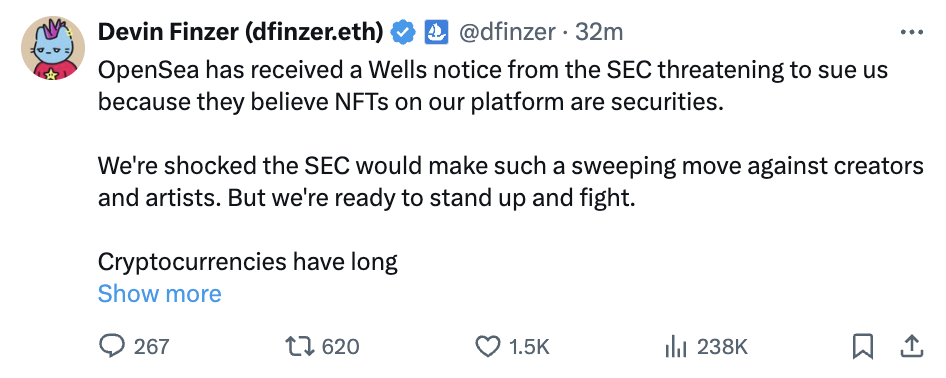 OpenSea marketplace receives Wells notice from the SEC