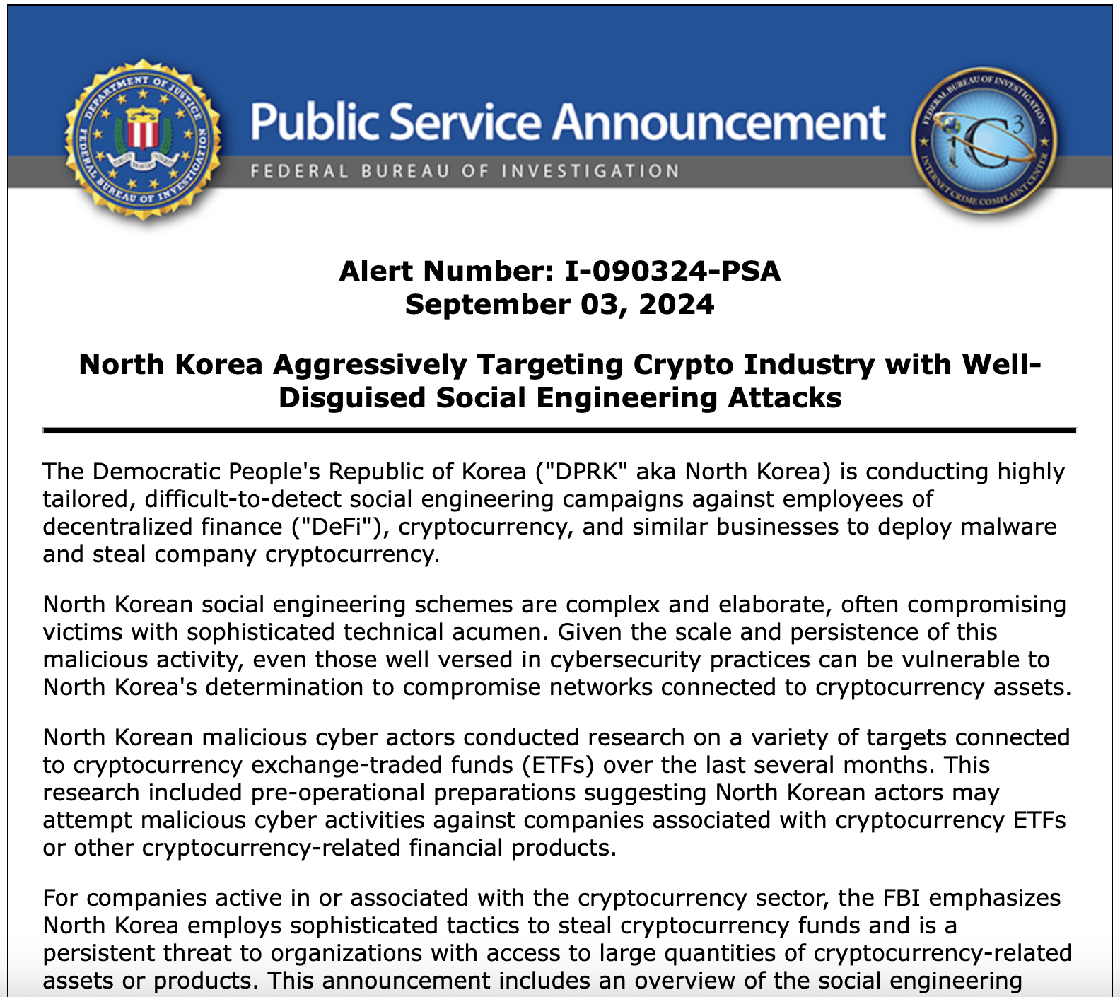 FBI warns of North Korean ’social engineering’ schemes to steal crypto