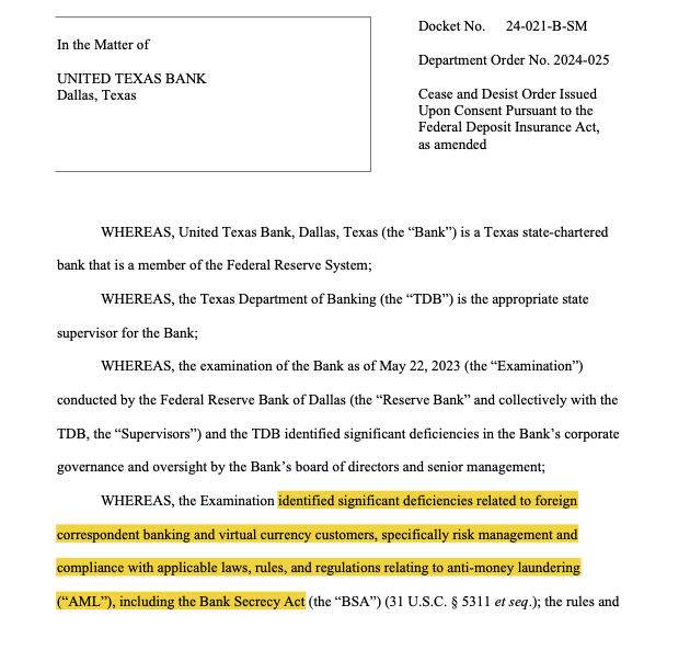 Fed hits Texas bank with cease and desist over servicing crypto firms