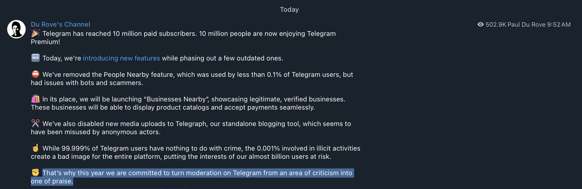 Durov announces disabling personal geolocation on Telegram