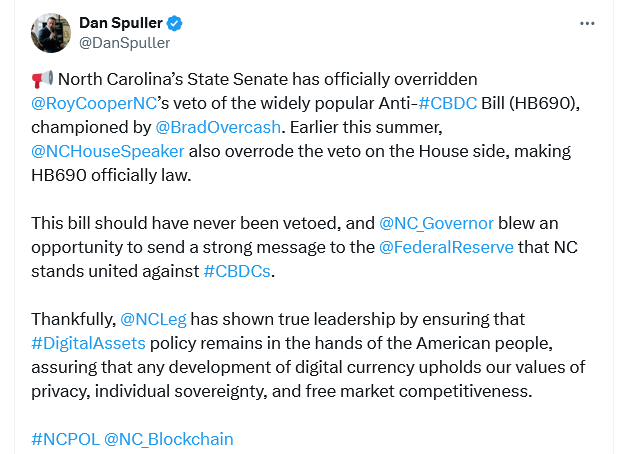 North Carolina Senate overrides governor veto, passes bill banning CBDC