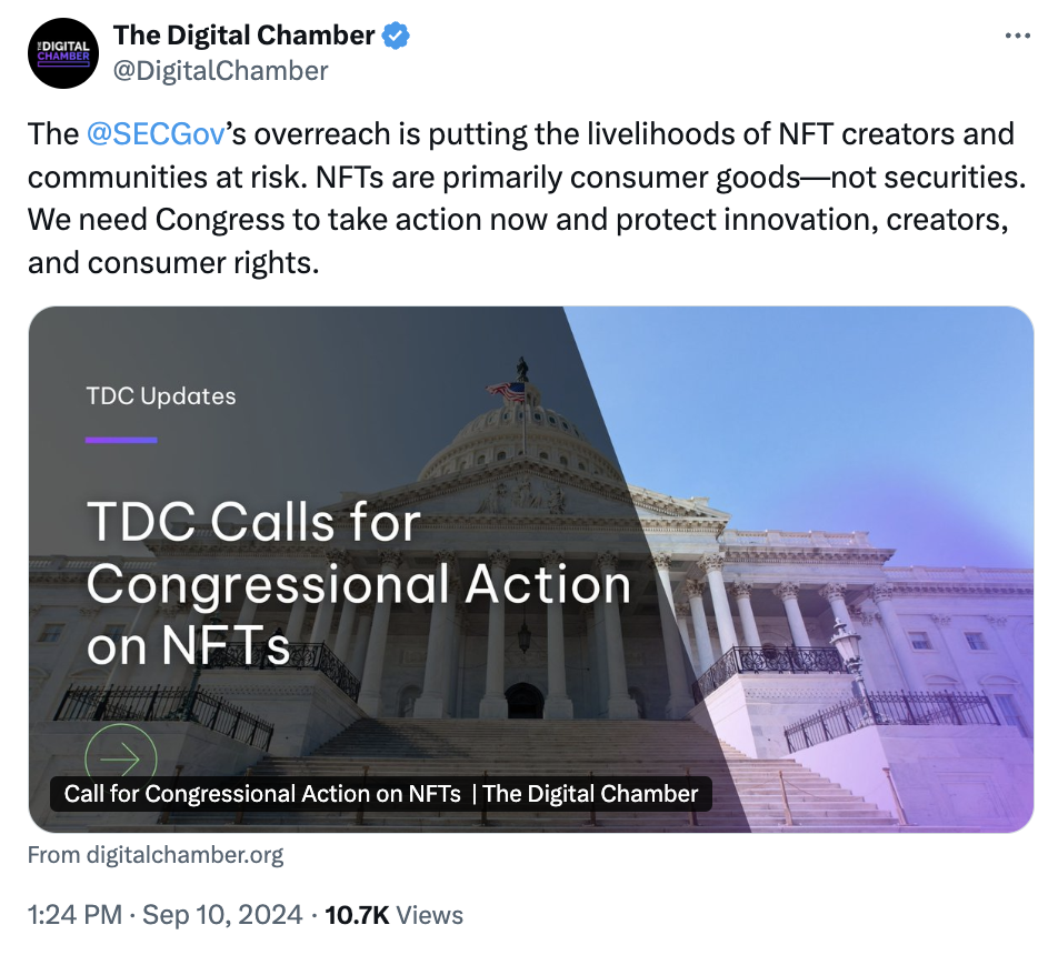 Digital Chamber calls for Congress to address SEC actions against NFTs