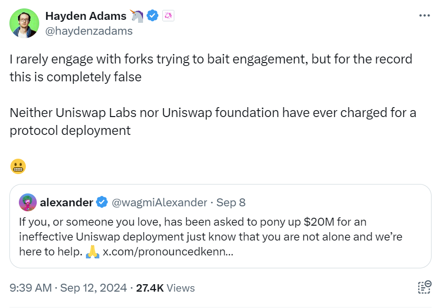 Uniswap CEO denies allegations of charging for protocol deployments