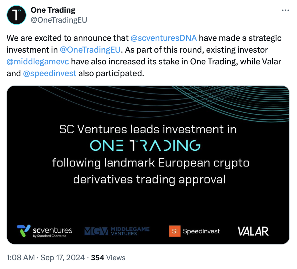 SC Ventures invests in One Trading for EU crypto perpetual futures