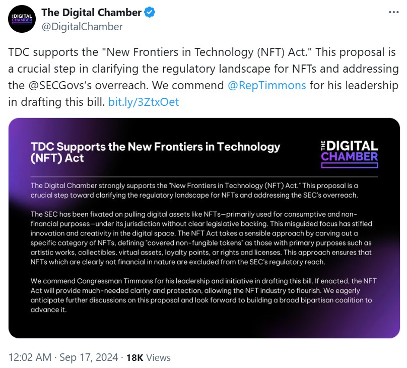 Digital Chamber urges US crypto users to support new NFT bill