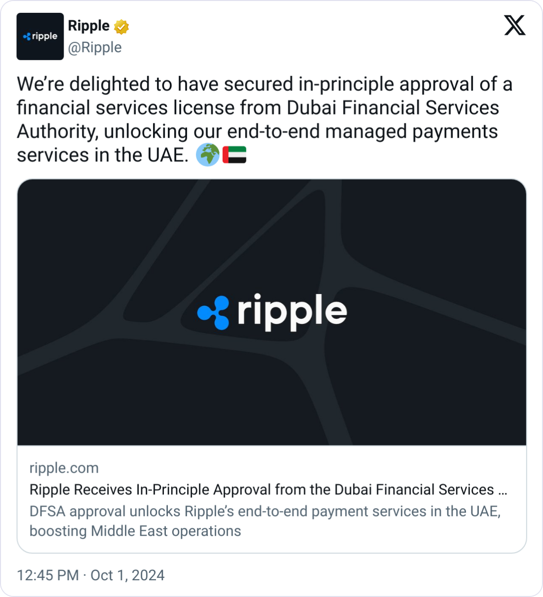 Ripple receives in-principle license approval in Dubai