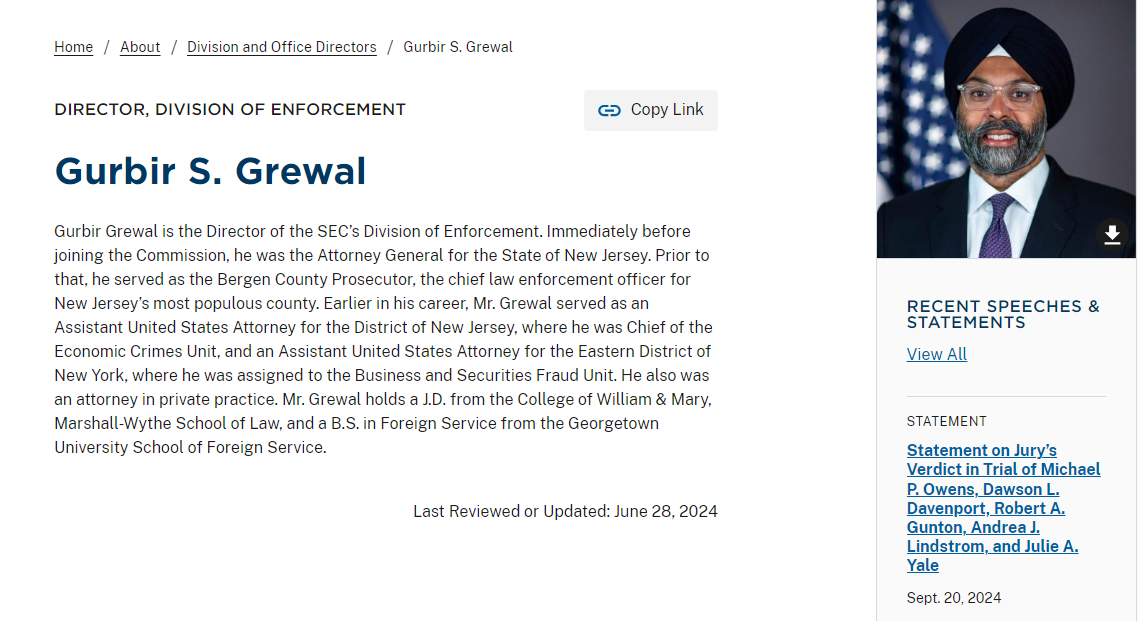 SEC enforcement chief Grewal to step down