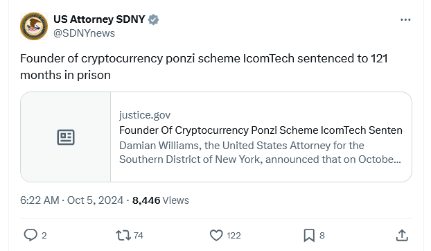 Founder of crypto ‘Ponzi’ scheme’ IcomTech sentenced to 10 years in prison