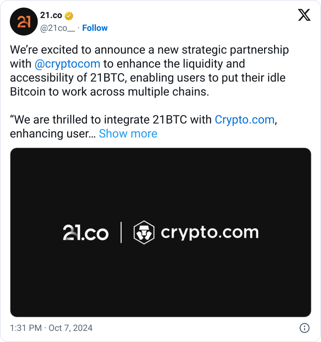 21.co taps Crypto.com for Bitcoin liquidity services in partnership