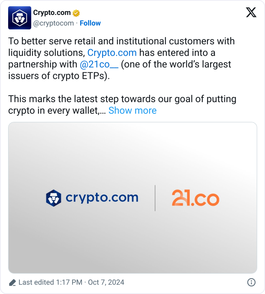 21.co taps Crypto.com for Bitcoin liquidity services in partnership