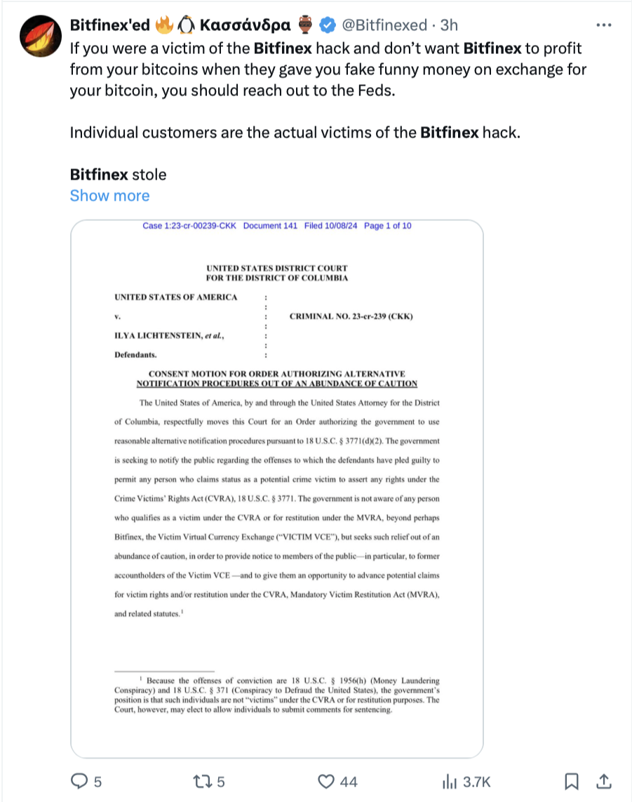 Only Bitfinex may get restitution in 2016 hack, per government filing