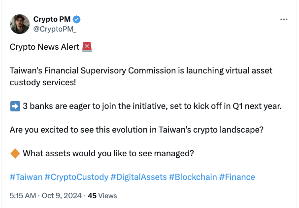 Taiwan to trial crypto custody services through local banks in 2025