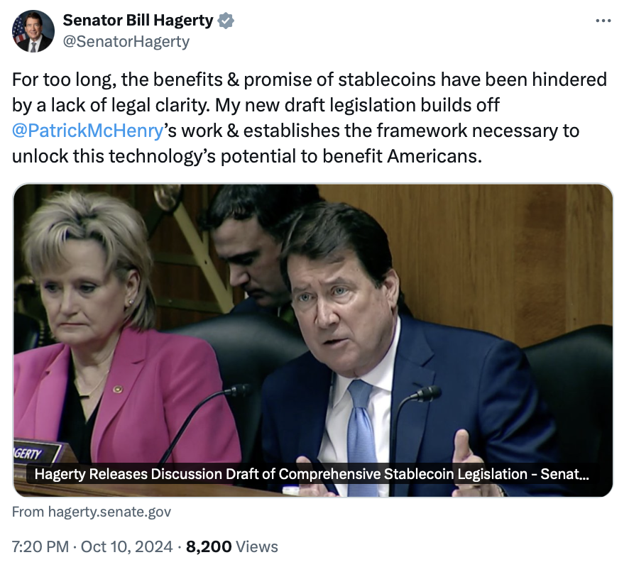 Sen. Hagerty introduces Clarity for Payment Stablecoins Act of 2024