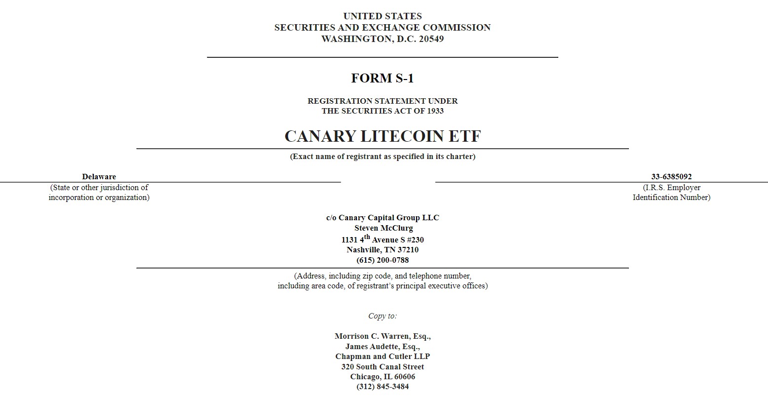 Canary Capital files S-1 for Litecoin ETF