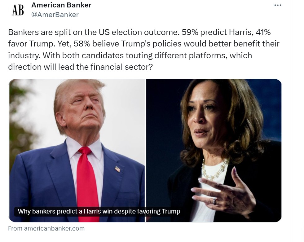 US bankers support Trump but expect Harris victory — American Banker