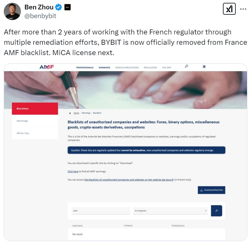 Bybit removed from French regulator’s blacklist, eyes MiCA license